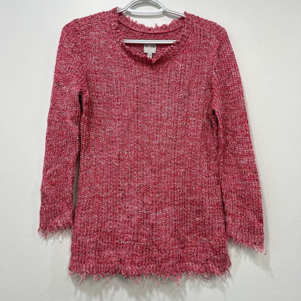 NIC + ZOE Womens Sweater Small‎ NWT $138 Raspberry Speckle Fringe Crew Linen